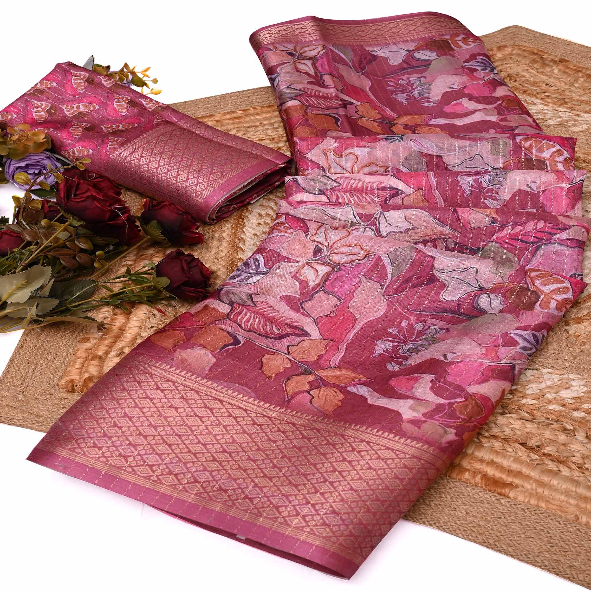 Onion Pink Floral Printed Dola Silk Saree With Elegant Silver Zari & Intricate Weaving Border