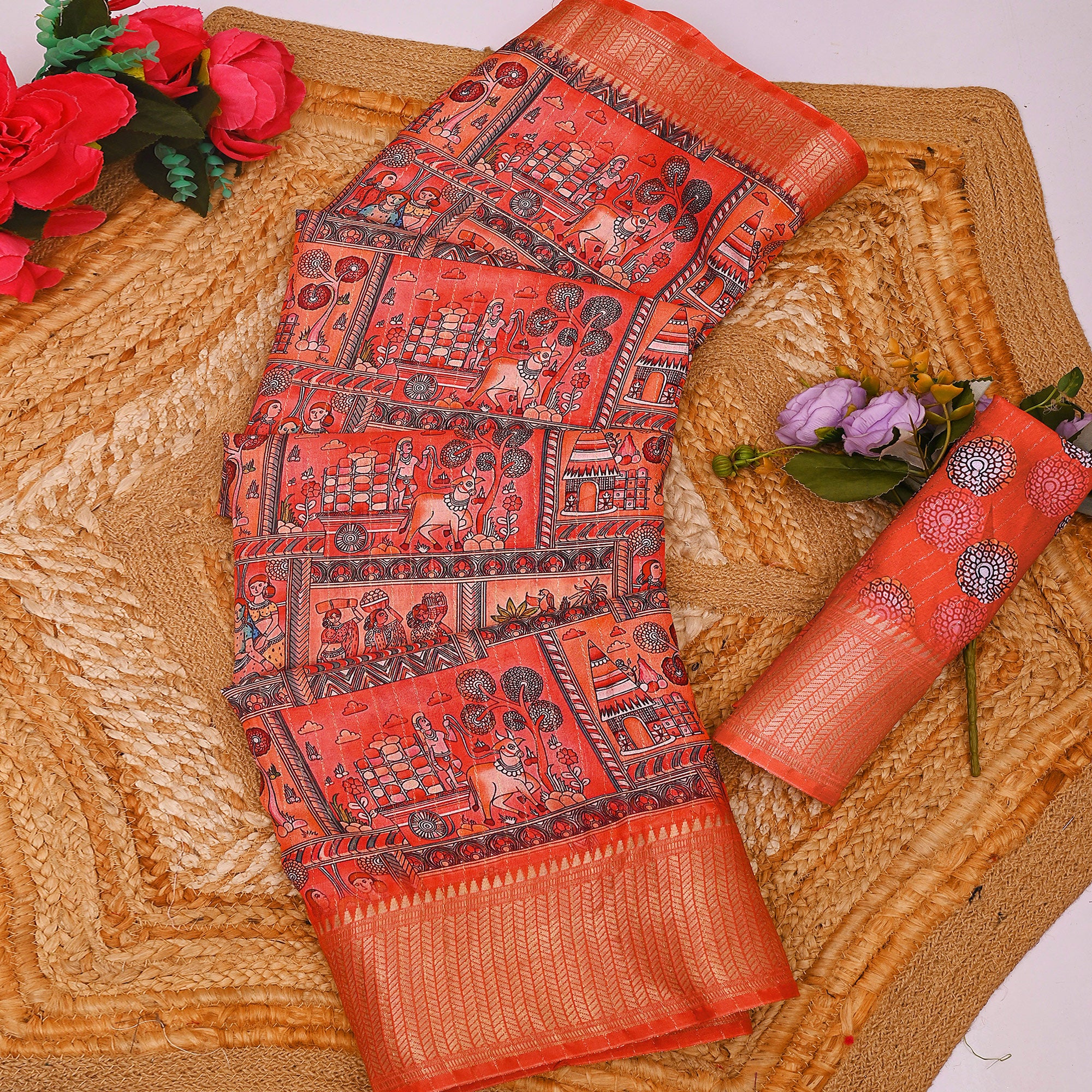 Orange Floral Printed Dola Silk Saree With Elegant Silver Zari & Intricate Weaving Border