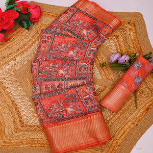 Orange Floral Printed Dola Silk Saree With Elegant Silver Zari & Intricate Weaving Border