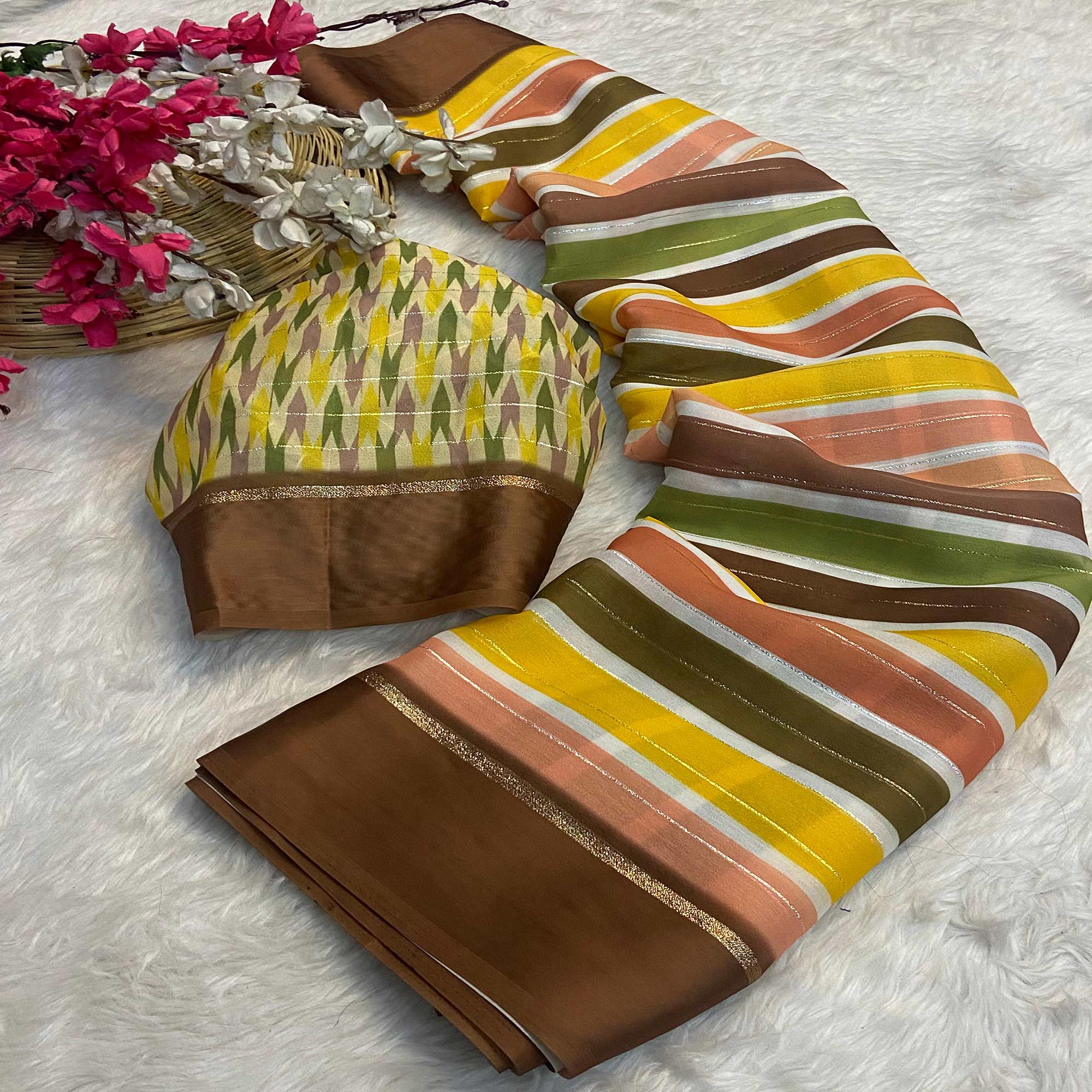 Multicolor Zari Weaving With Printed Chiffon Saree