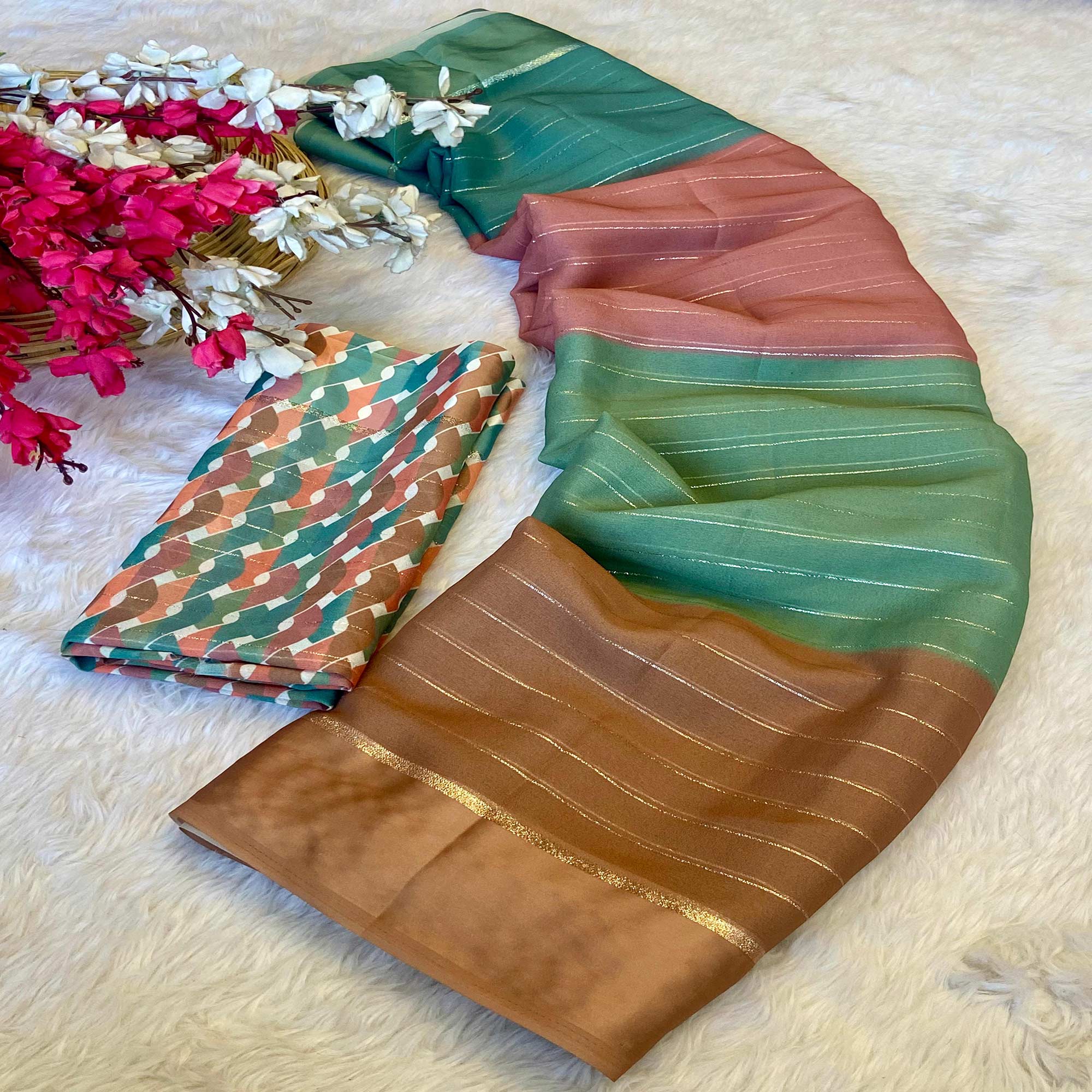 Multicolor Zari Weaving With Printed Chiffon Saree