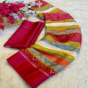 Multicolor Zari Weaving With Printed Chiffon Saree