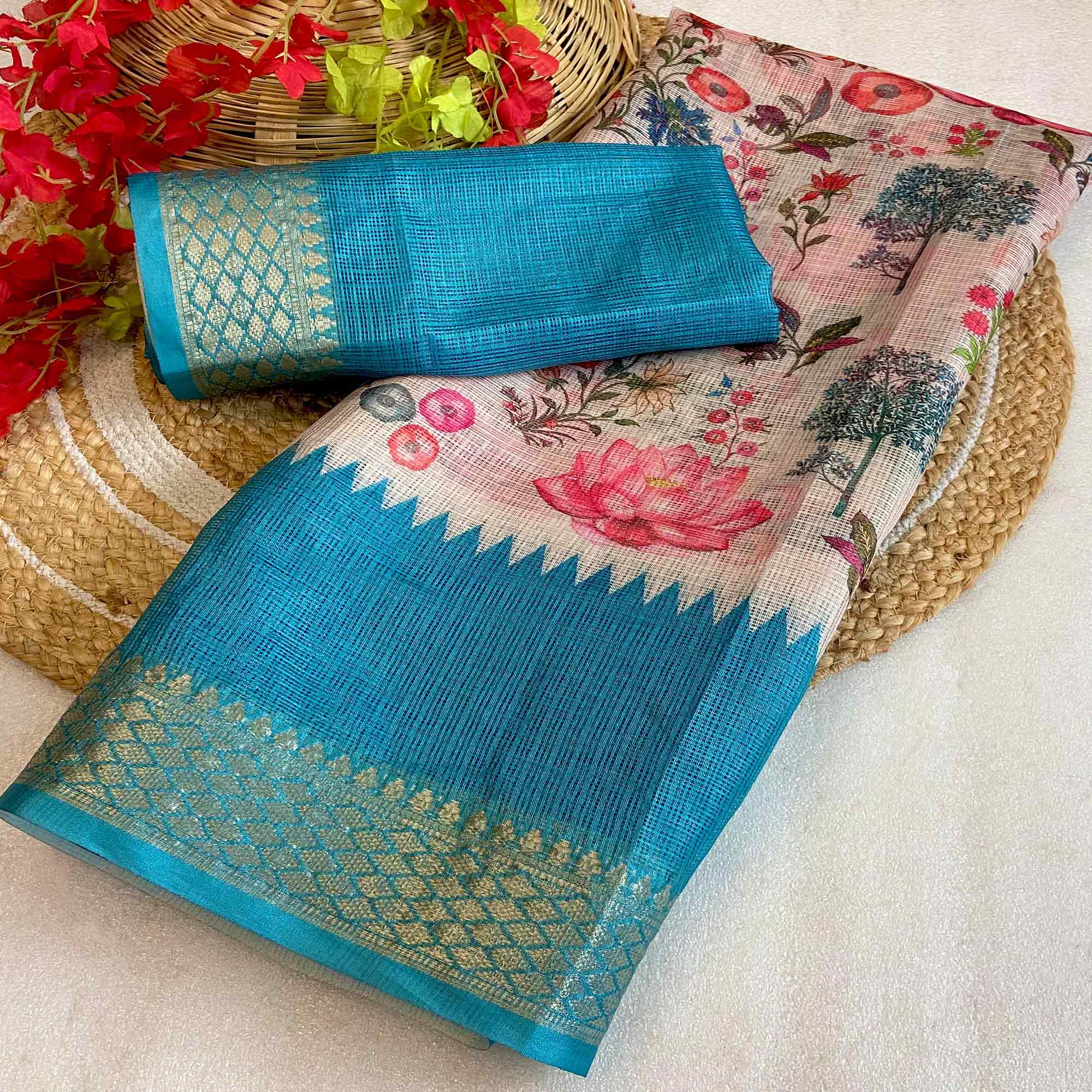 White & Blue Floral Printed Kota Doria Saree