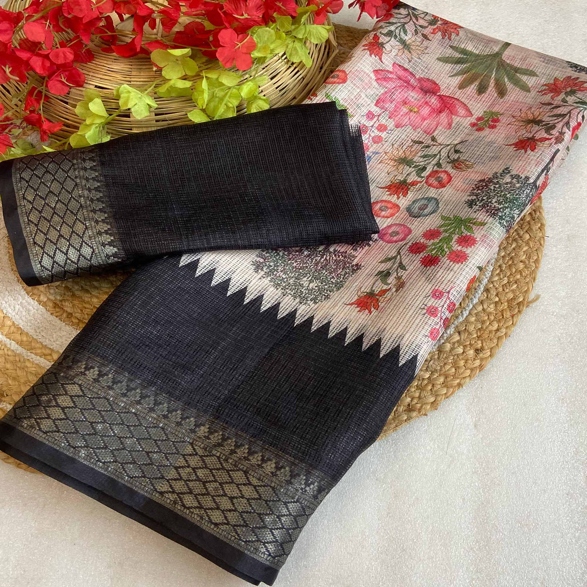 White & Black Floral Printed Kota Doria Saree