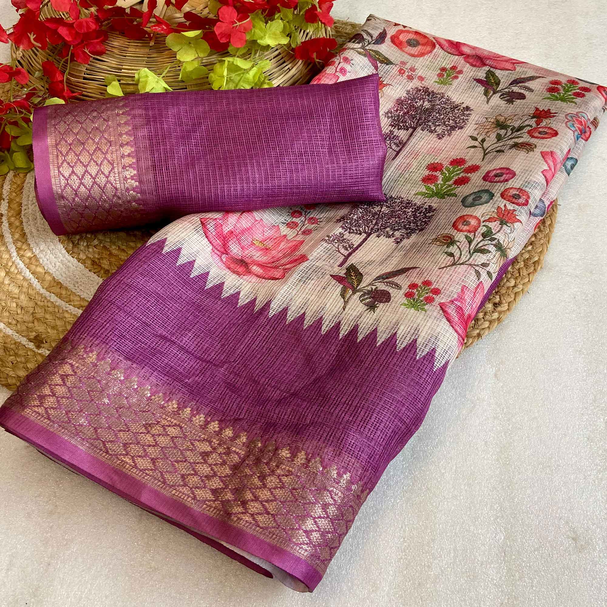White & Purple Floral Printed Kota Doria Saree