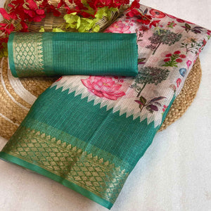 White & Rama Green Floral Printed Kota Doria Saree