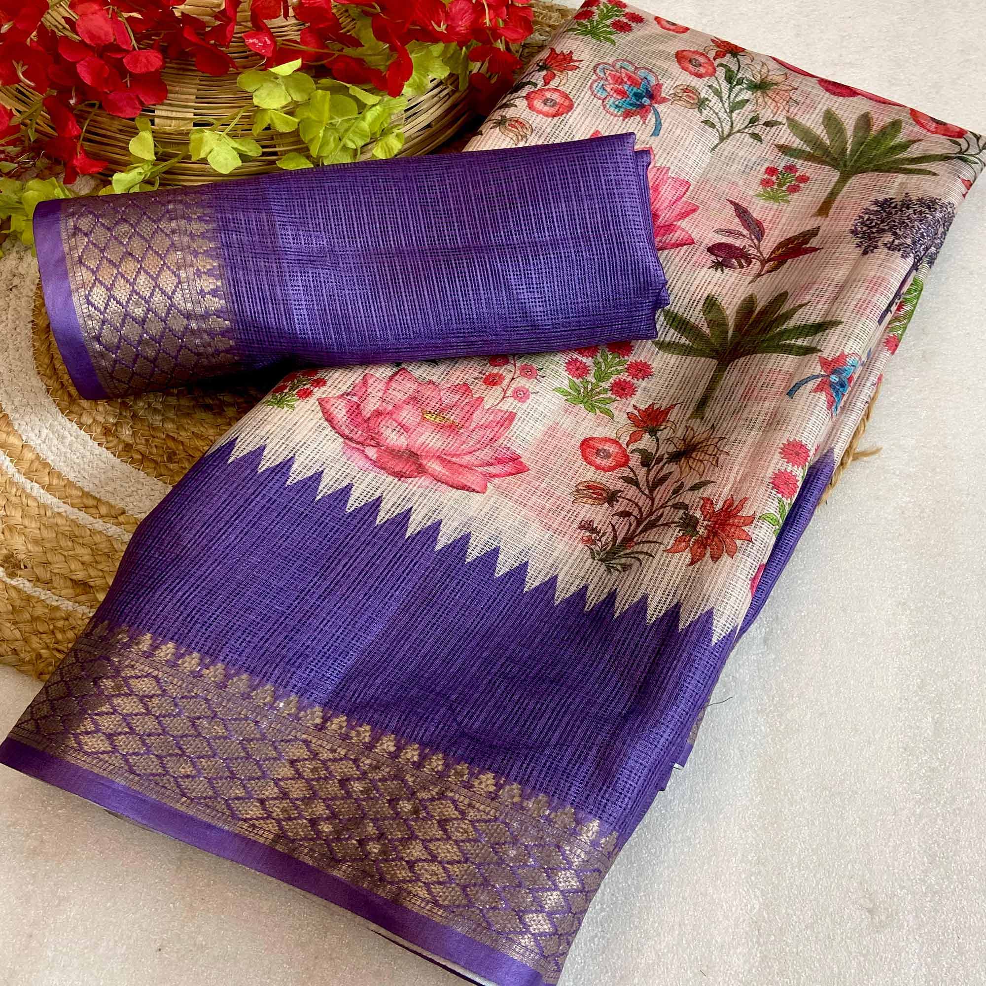 White & Violet Floral Printed Kota Doria Saree