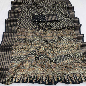 Black Zig-Zag Printed Dola Silk Saree With Zari Border