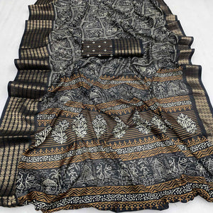 Black Warli Printed Dola Silk Saree With Zari Border