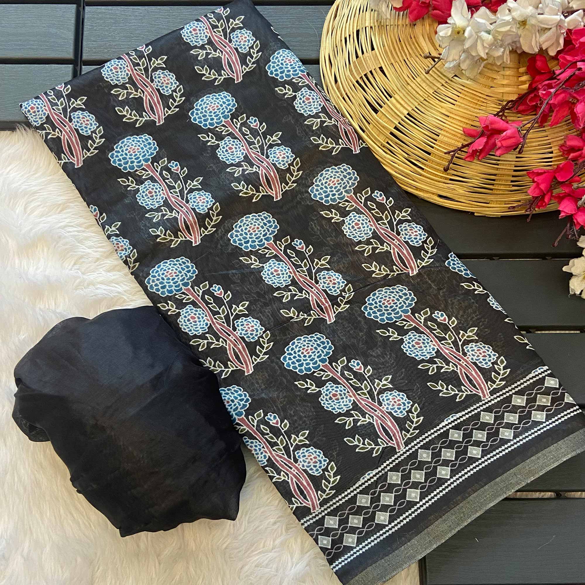 Black Floral Printed Linen Saree With Zari Border