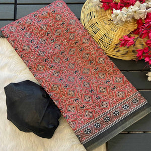 Red & Black Geometric Printed Linen Saree With Zari Border