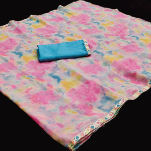 Pink Abstract Printed Georgette Saree