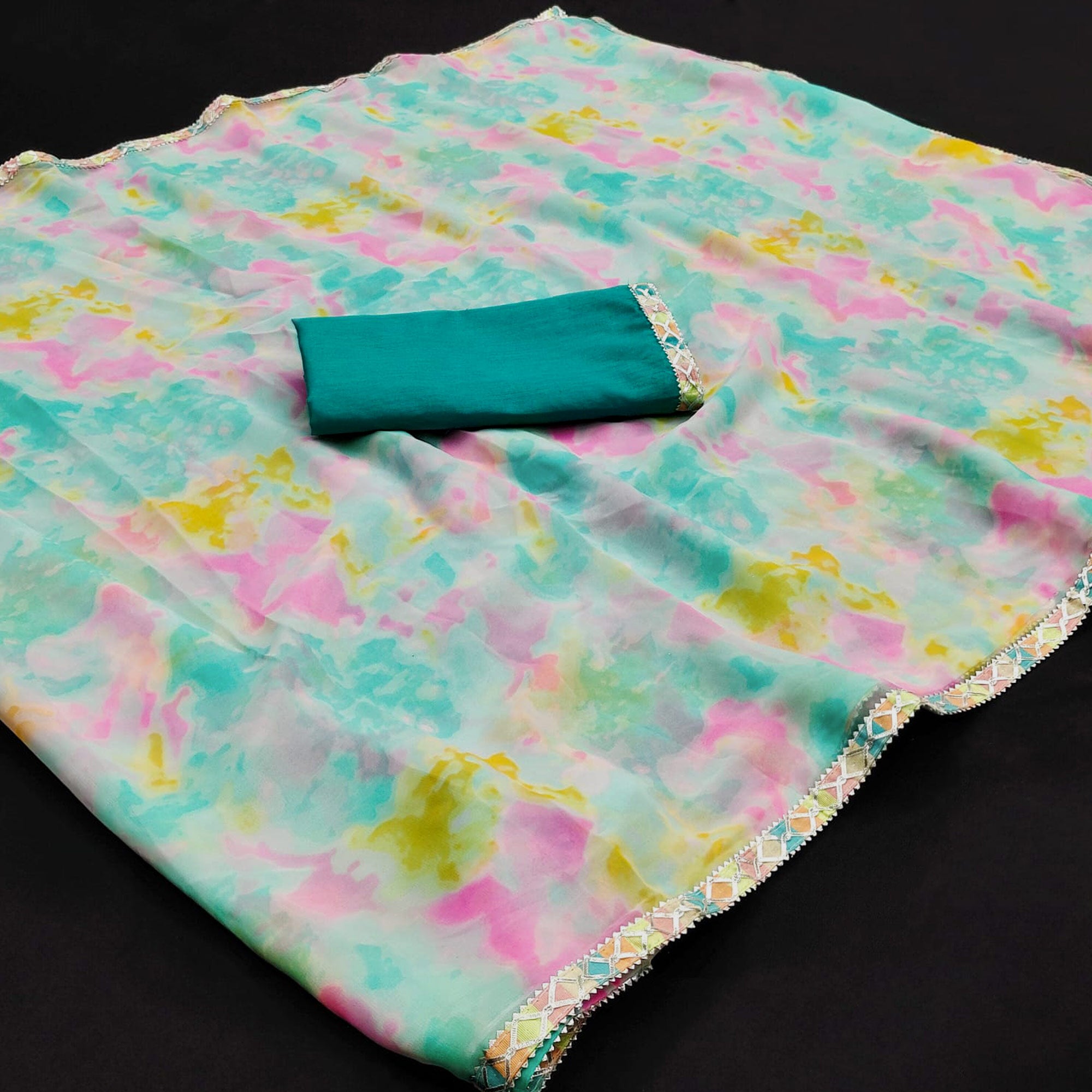 Rama Blue Abstract Printed Georgette Saree