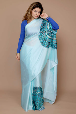 Turquoise Designer Freehand Saree In Satin Georgette With Striking Digital Print