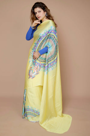 Yellow Designer Freehand Saree In Satin Georgette With Striking Digital Print