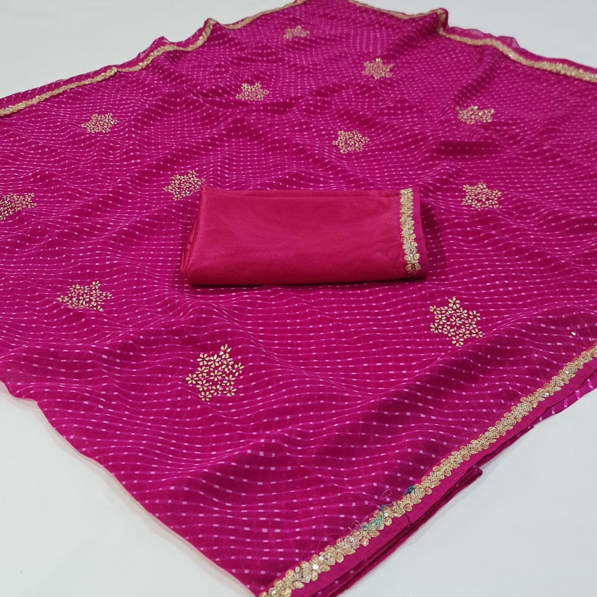 Rani Pink Printed Georgette Saree With lace Border