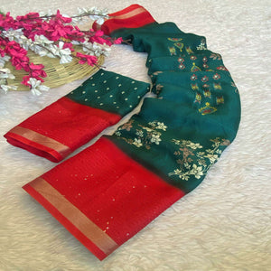 Green Floral Printed Moss Georgette Saree With Elegant Zari & Sequins Border Work
