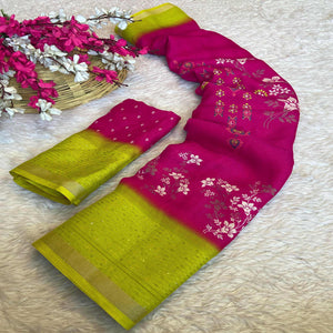 Rani Pink Floral Printed Moss Georgette Saree With Elegant Zari & Sequins Border Work