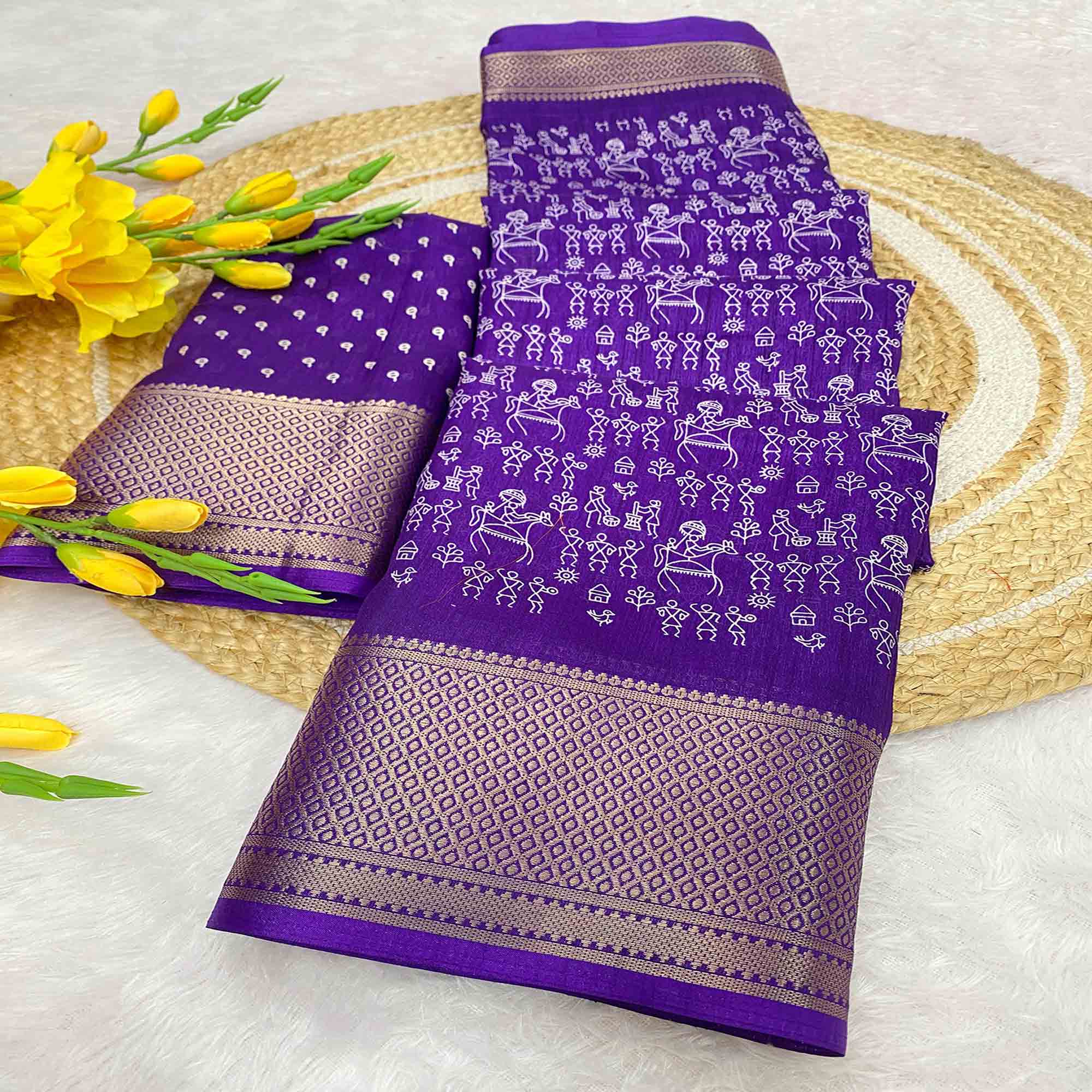 Lavender Dola Silk Saree with Warli Prints and Golden Zari Border