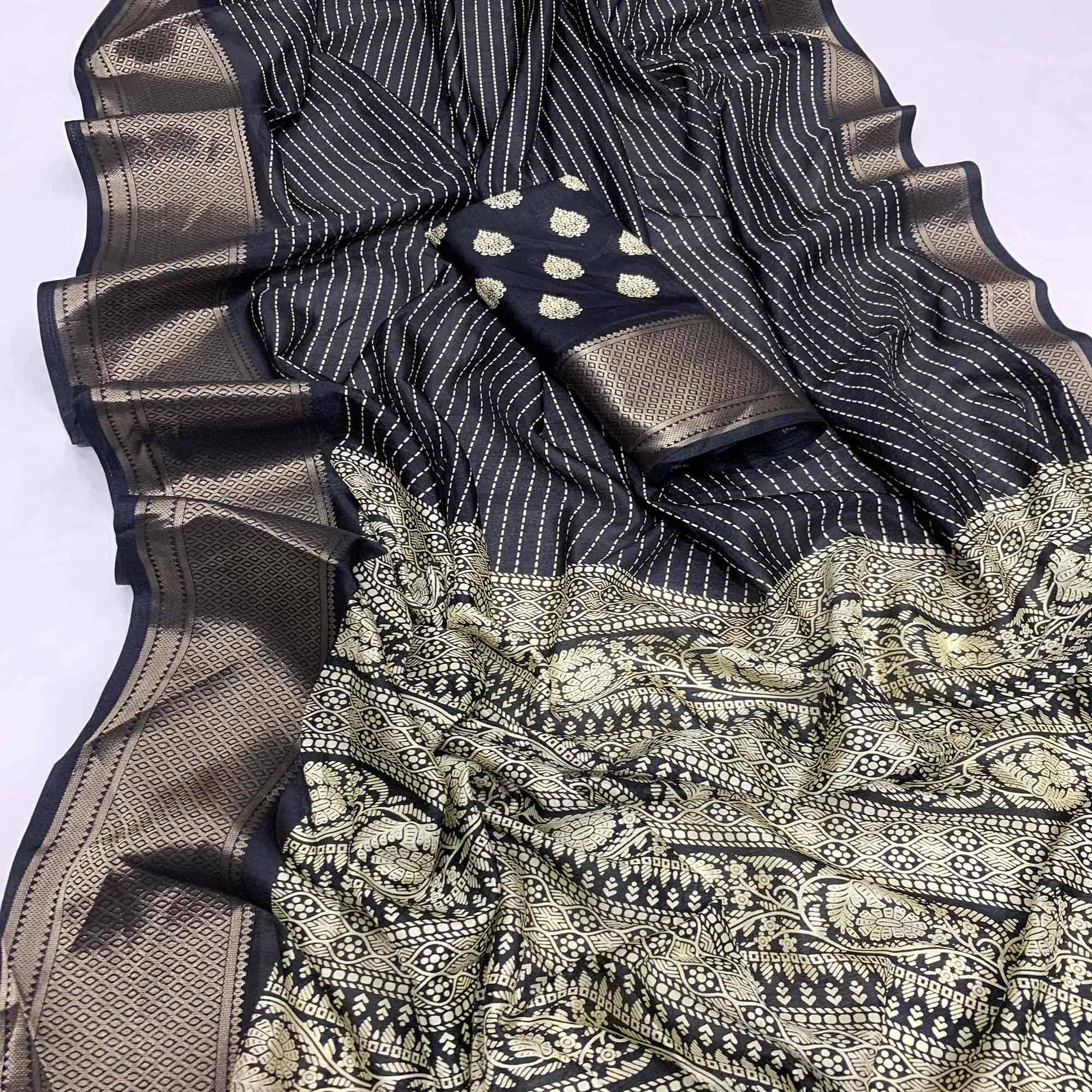 Black Printed Dola Silk Saree With Jacquard Border