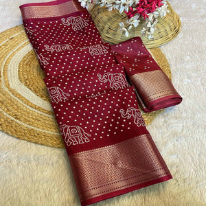 Maroon Bandhani Printed Dola Silk Saree With Woven Border