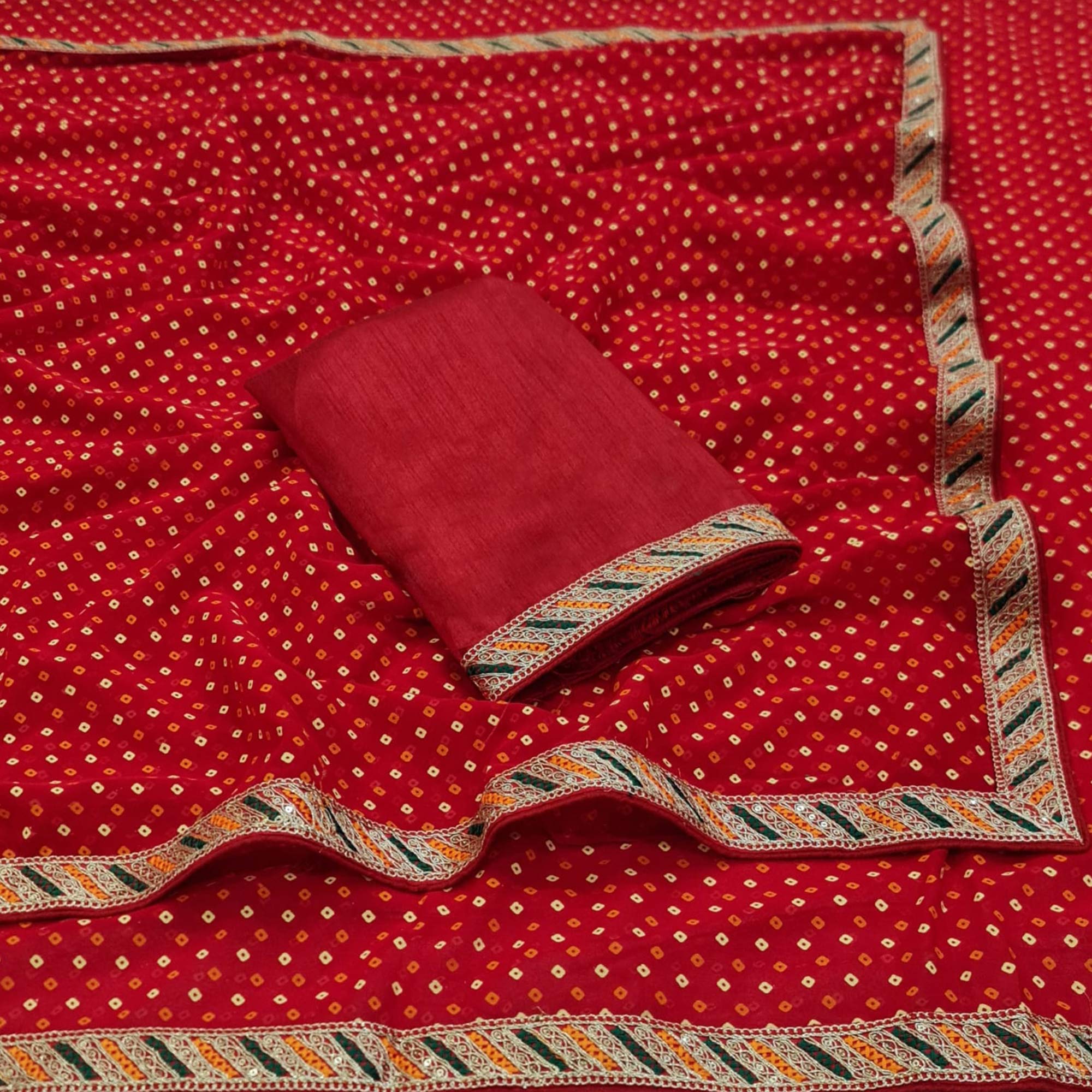 Red Bandhani Printed With Sequins Border Georgette Saree