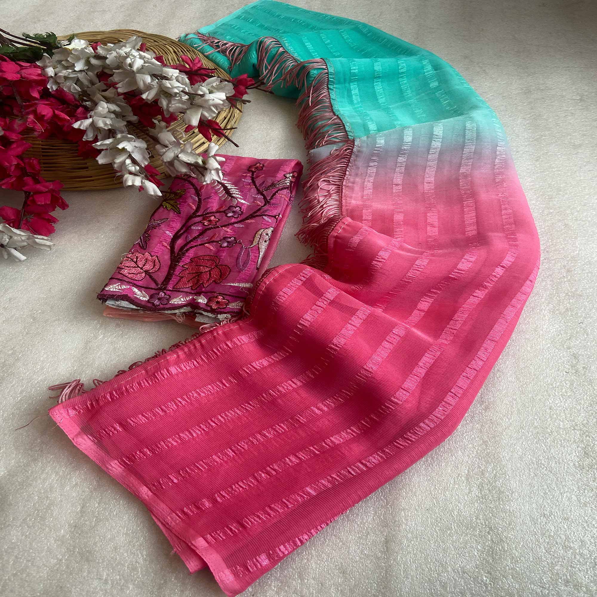 Turquoise & Pink Ombre Chiffon Saree with Delicate Woven Texture