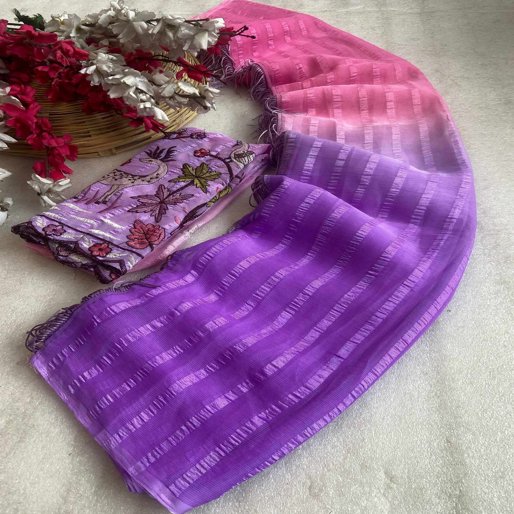 Pink & Purple Ombre Chiffon Saree with Delicate Woven Texture