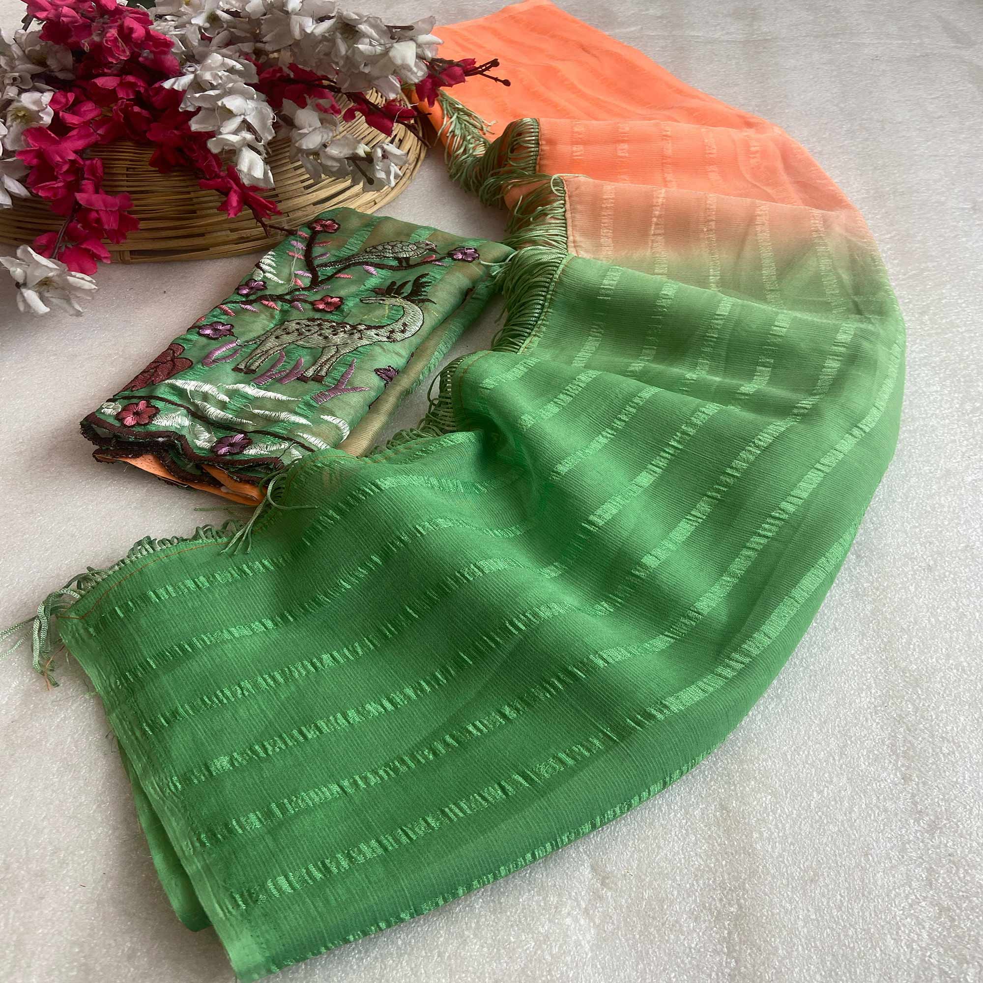 Orange & Green Ombre Chiffon Saree with Delicate Woven Texture