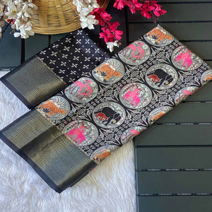 Black Floral Zari Weaving Dola Silk Saree
