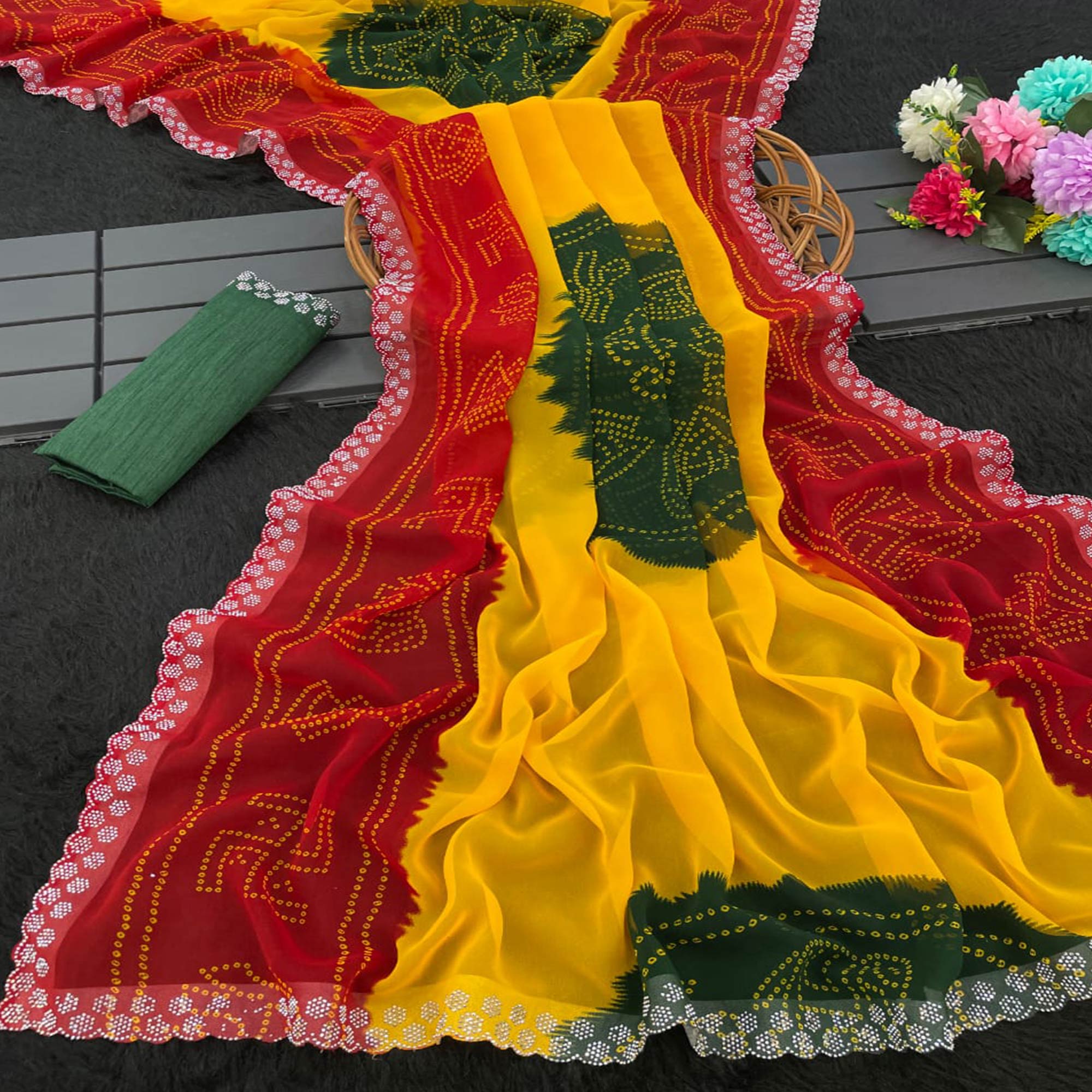 Red & Yellow Georgette Saree With Traditional Bandhani Print And Sparkling Stone Work Border