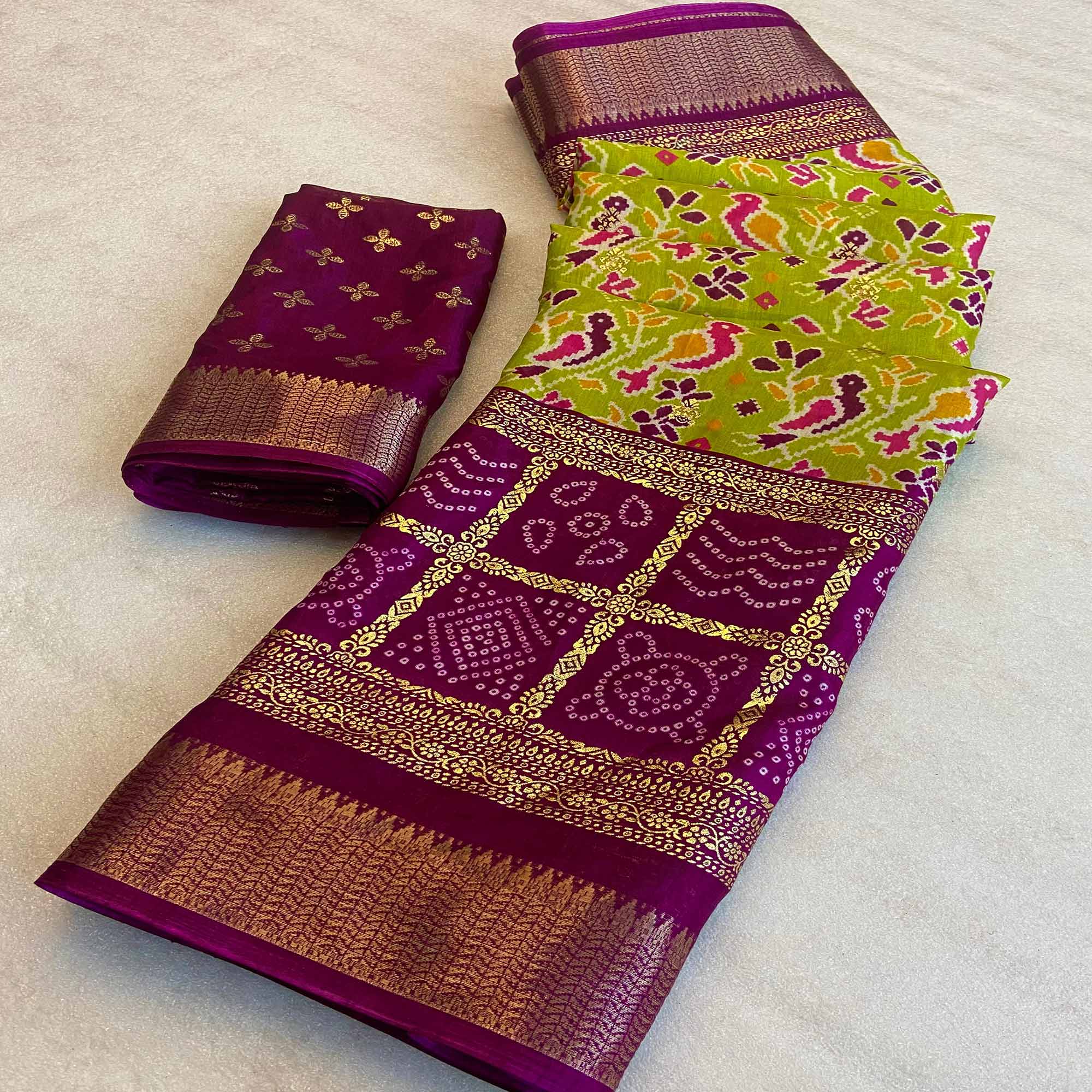 Green Patola Printed Dola Silk Saree With Zari Border