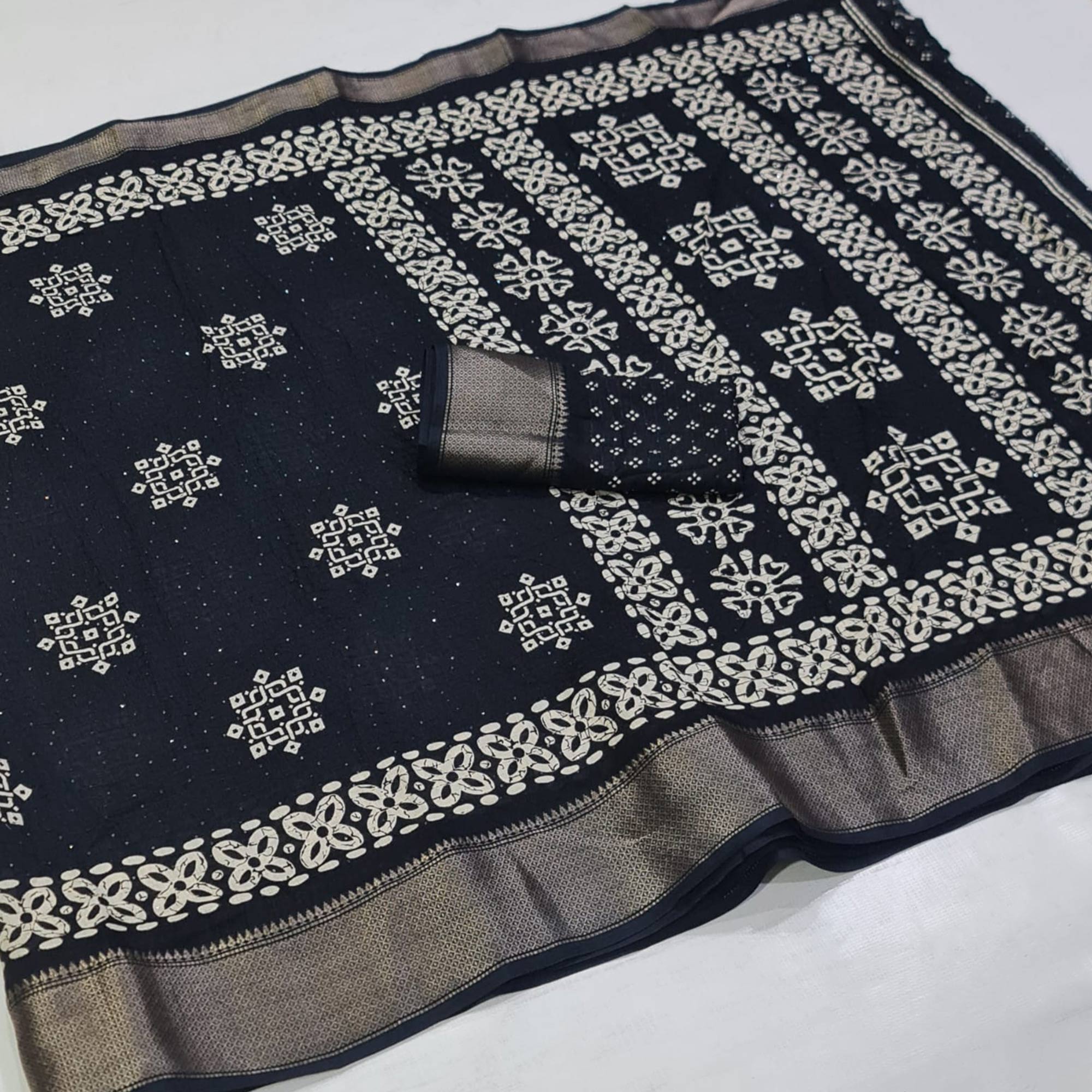 Black Printed With Sequins Work Dola Silk Saree