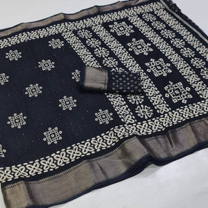 Black Printed With Sequins Work Dola Silk Saree