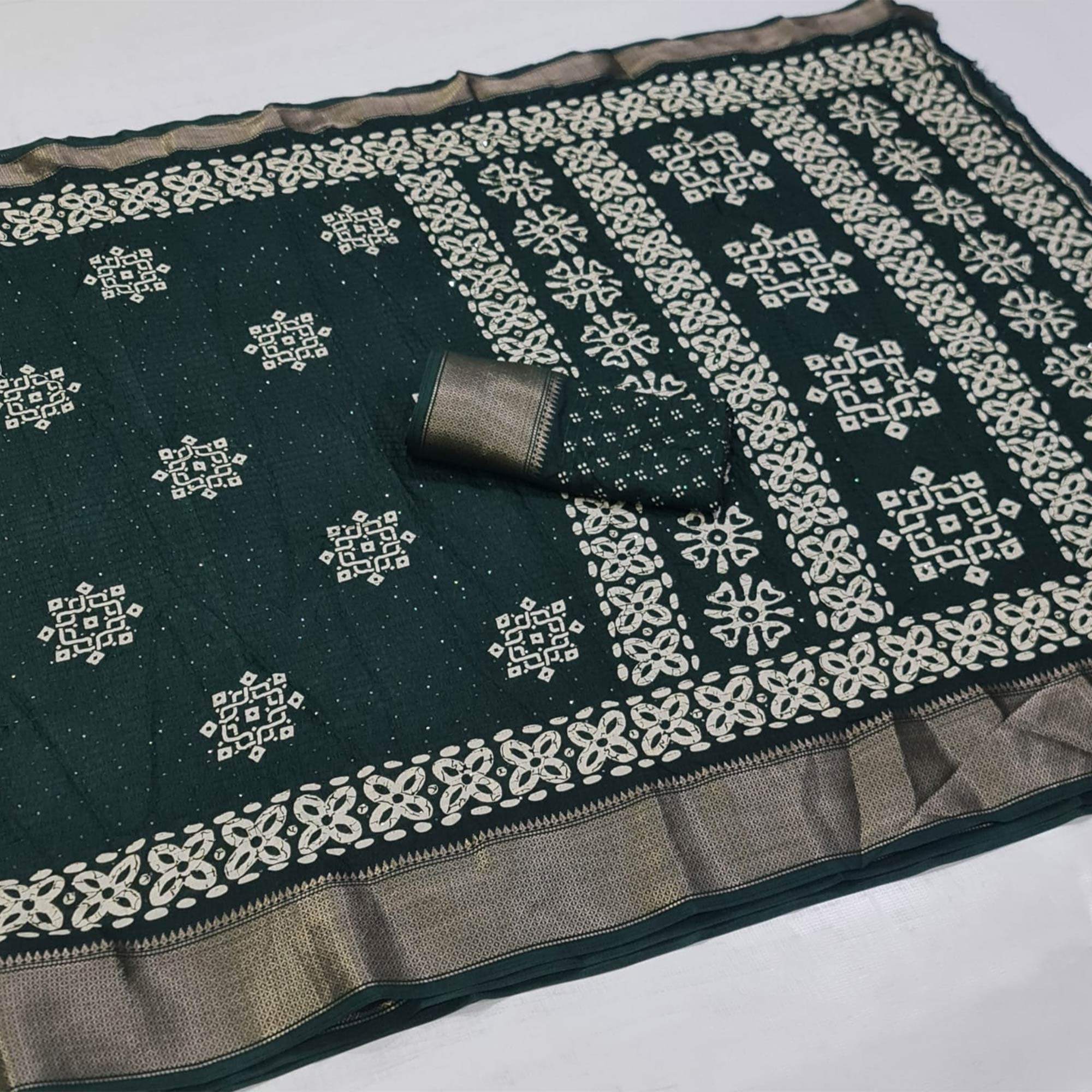 Green Printed With Sequins Work Dola Silk Saree