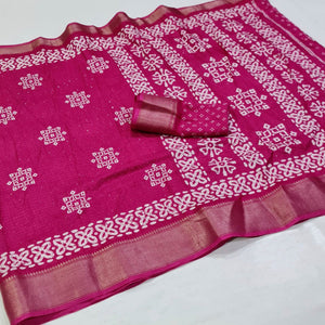 Magenta Printed With Sequins Work Dola Silk Saree