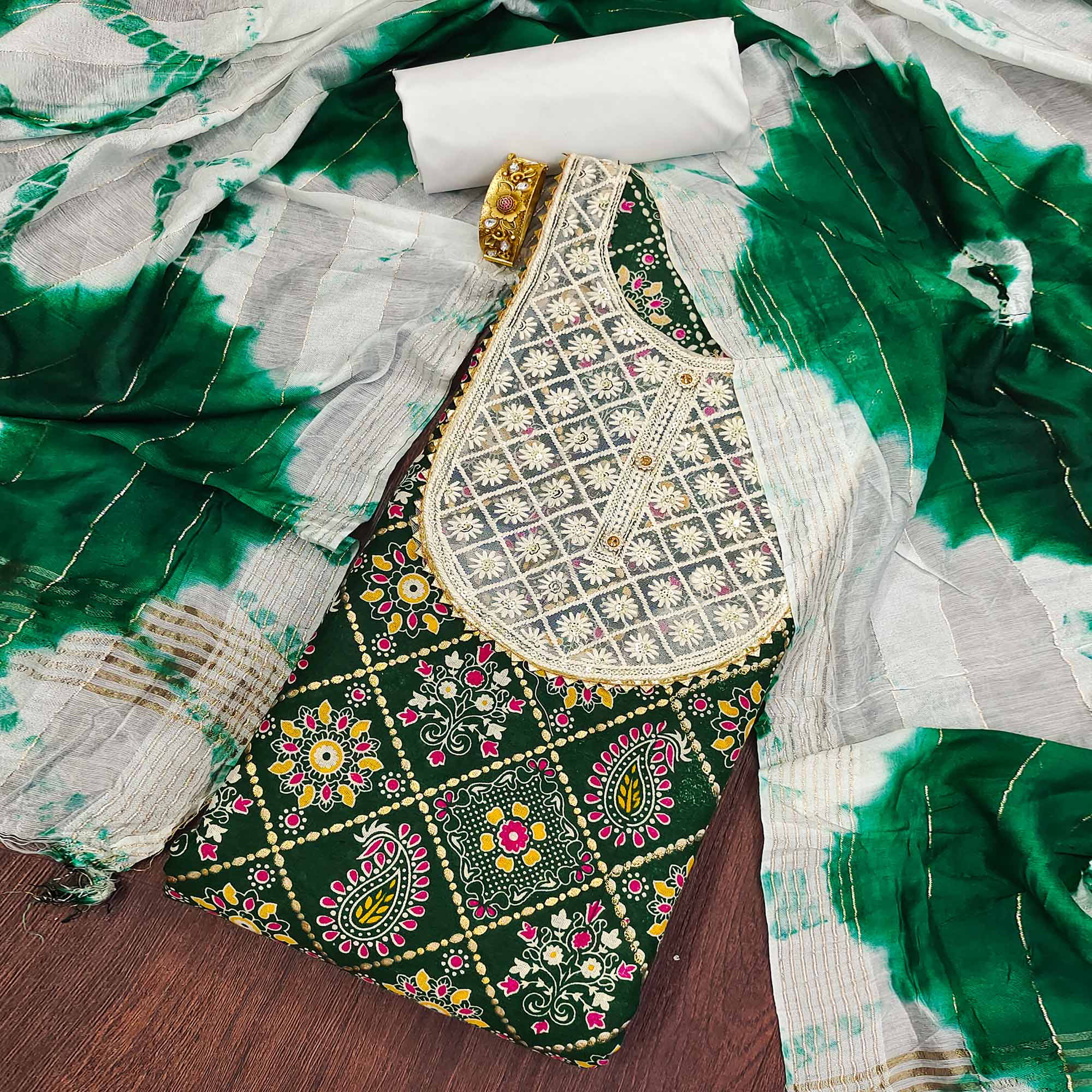 Green Printed With Embroidered Pure Cotton Dress Material