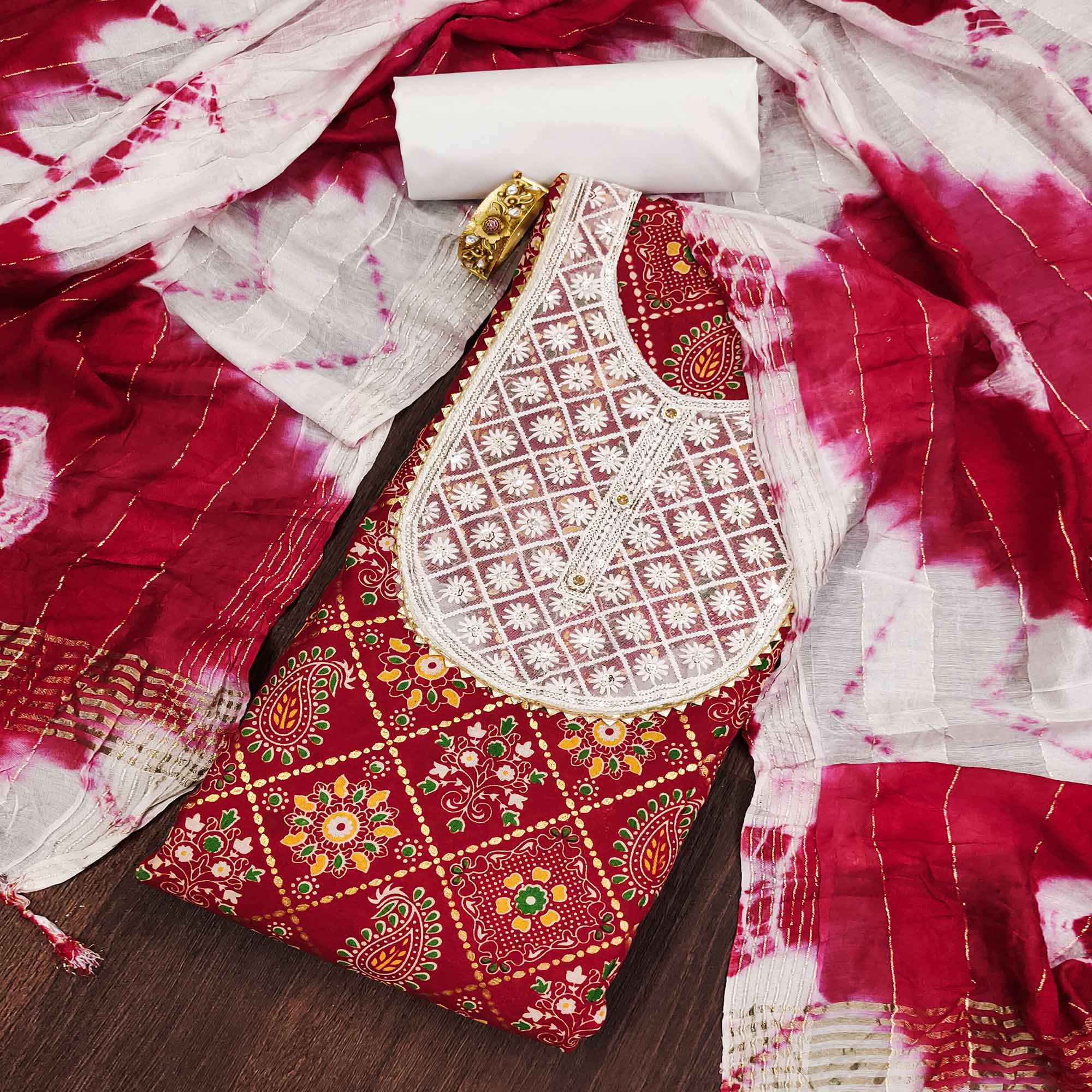 Red Printed With Embroidered Pure Cotton Dress Material