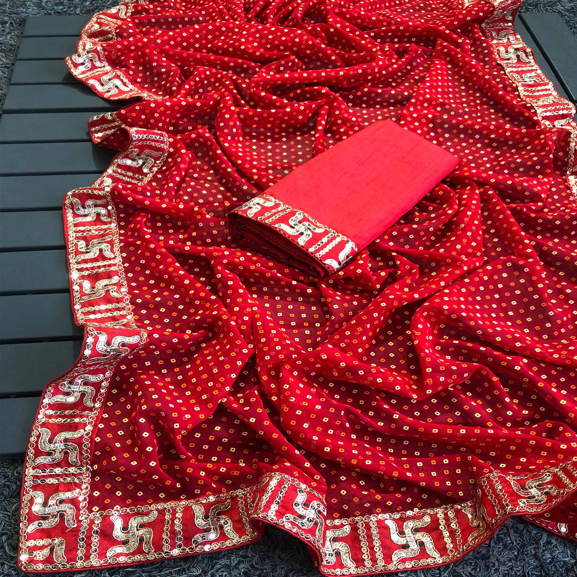 Red Bandhani Printed Georgette Saree