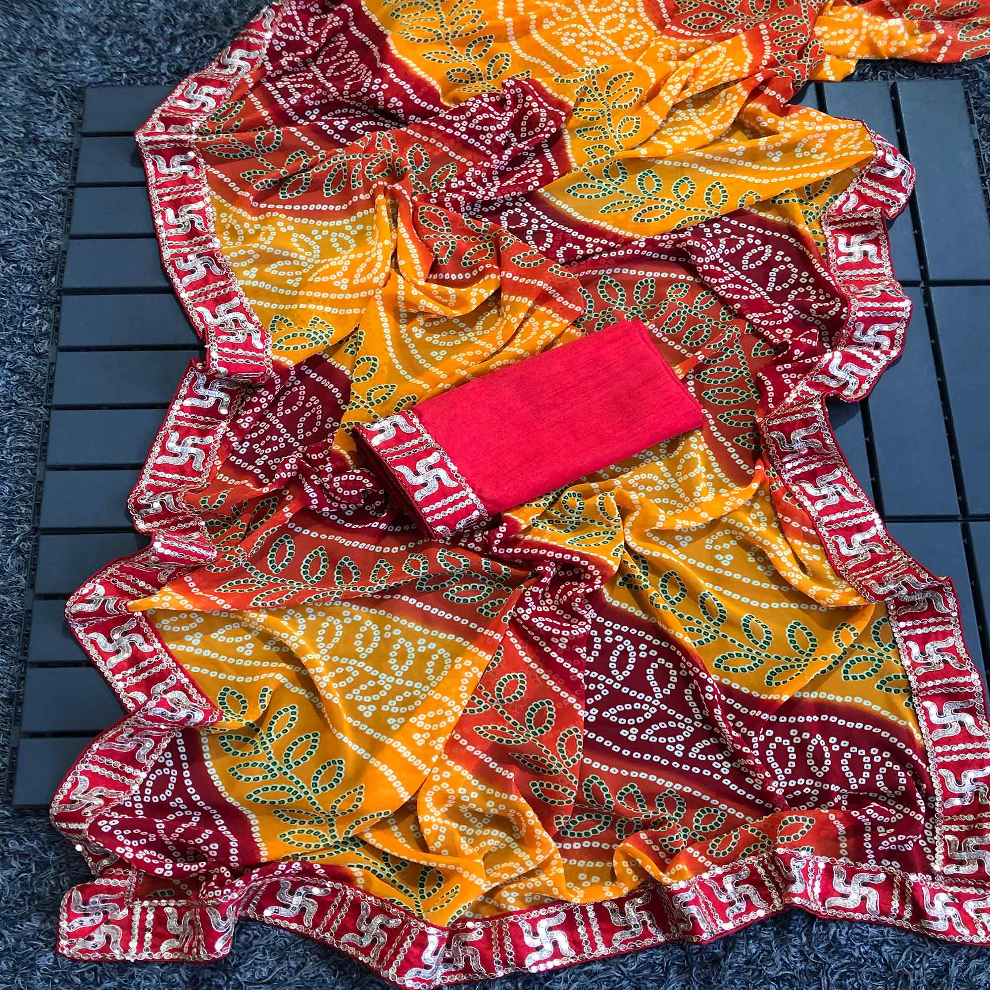 Yellow & Red Bandhani Printed Georgette Saree