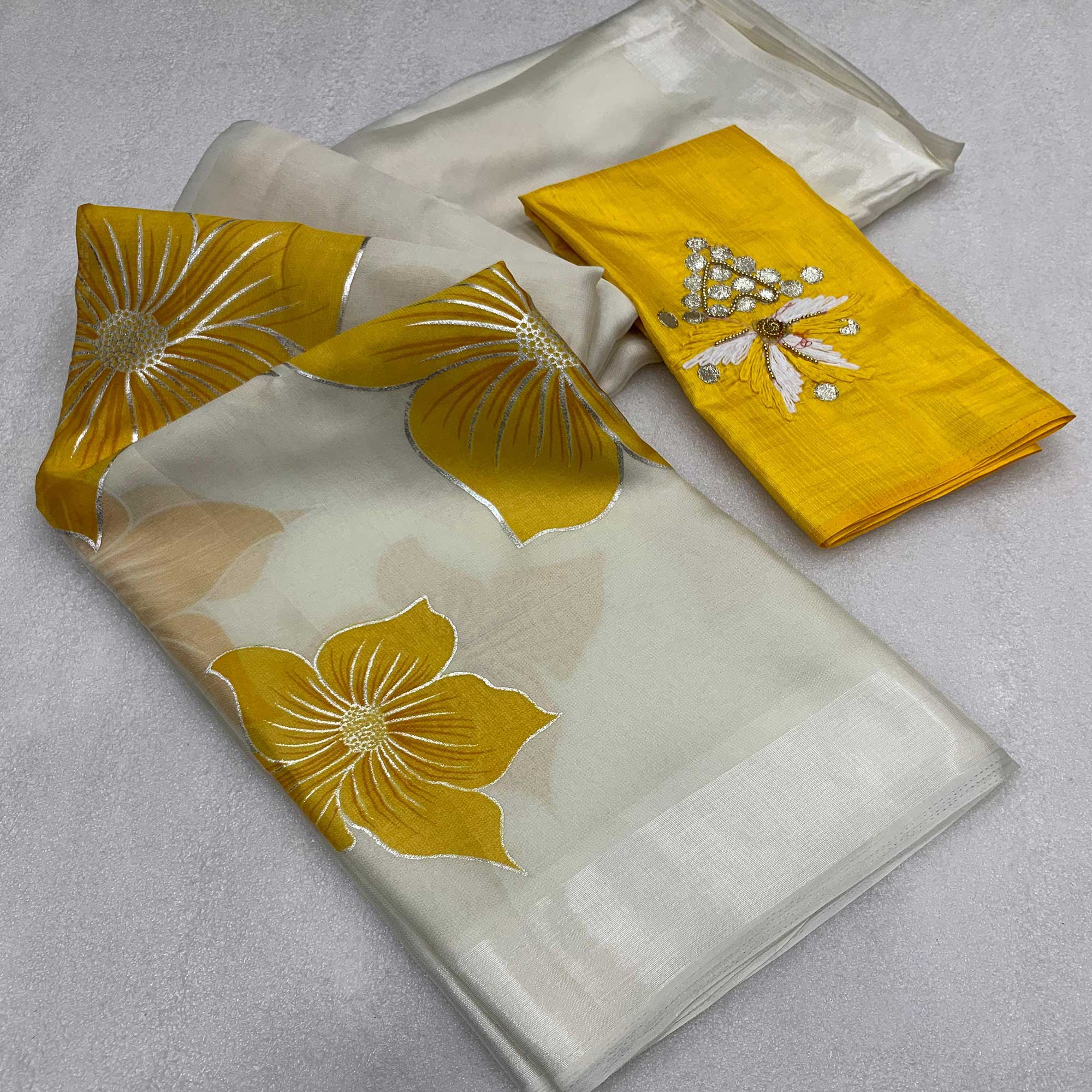 White & Yellow Floral Foil Printed Organza Saree