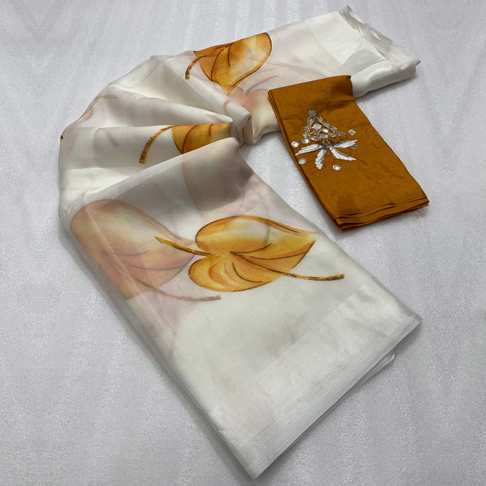White Foil Printed Organza Saree