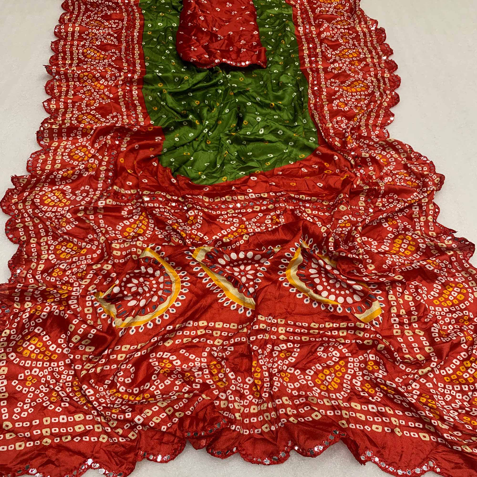Light Green & Red Bandhani Printed Chiffon Saree With Mirror Border