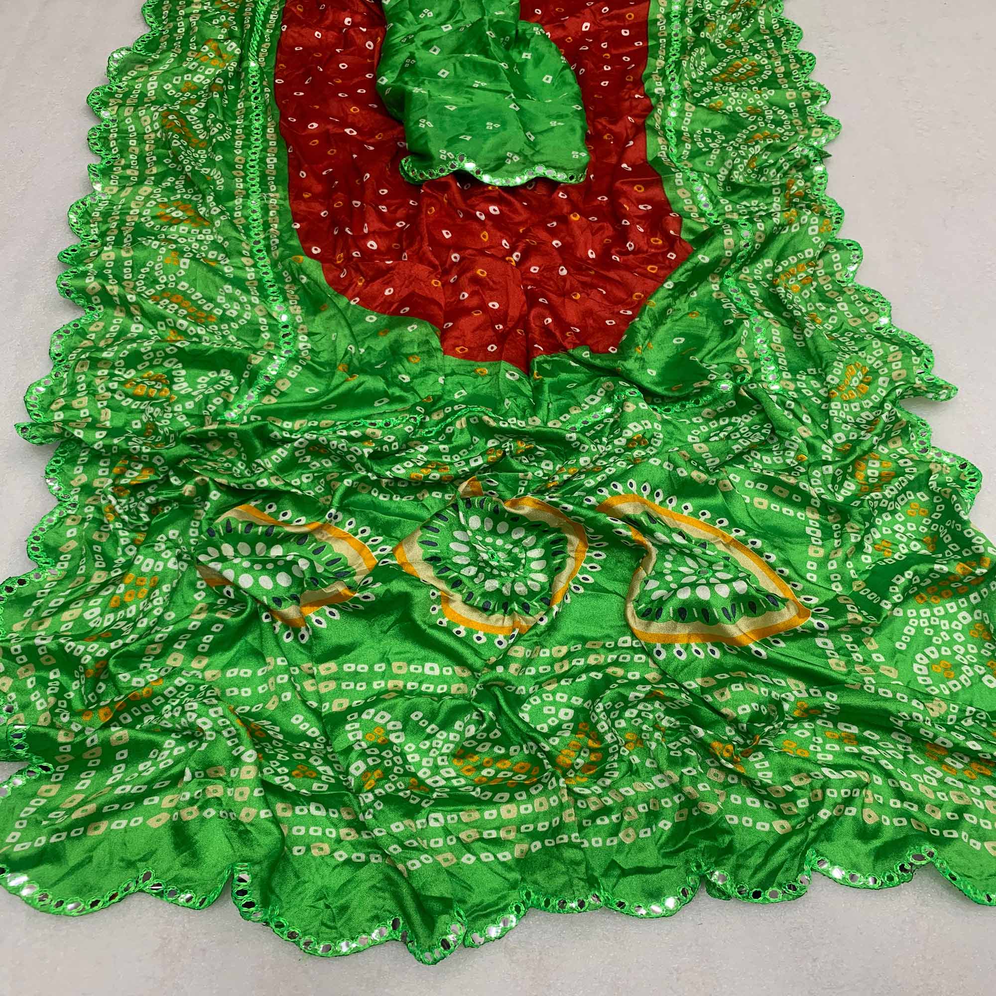 Red & Green Bandhani Printed Chiffon Saree With Mirror Border