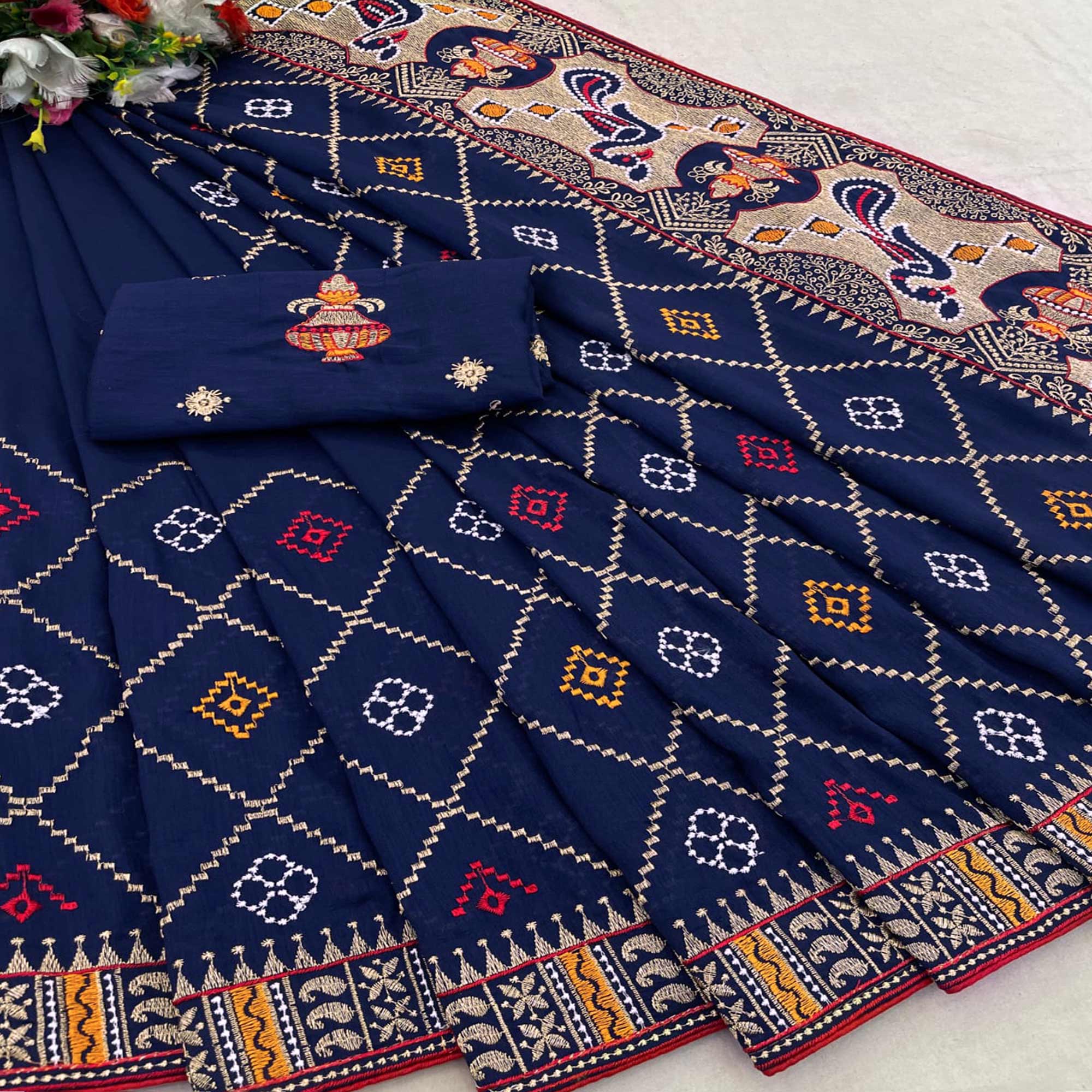 Navy Blue Embroidered Vichitra Silk Saree