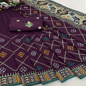 Wine Embroidered Vichitra Silk Saree