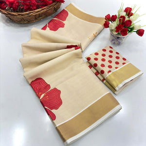 Chikoo Floral Mill Printed Cotton Silk Saree With Elegant Zari Weaving Border Work