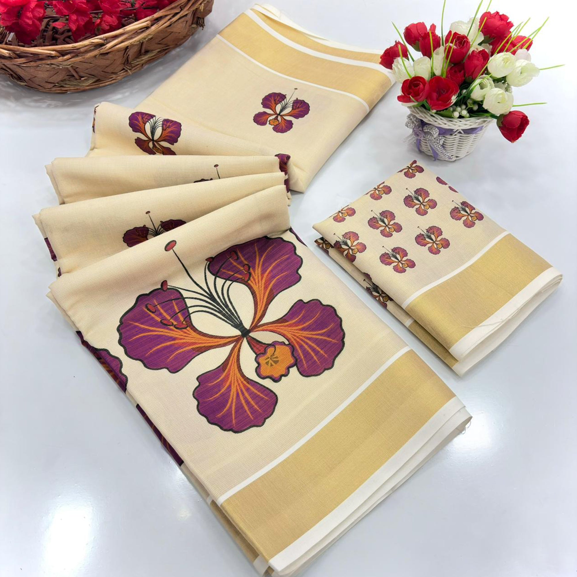 Chikoo Cotton Silk Saree Adorned With Floral Mill Print & Rich Zari Weaving Border Work