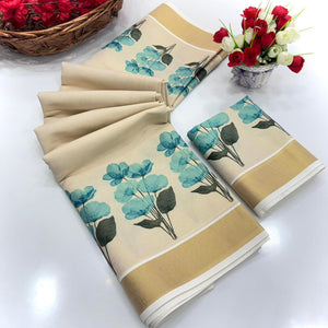 Chikoo Mill Printed Floral Cotton Silk Saree Featuring Traditional Zari Weaving Border