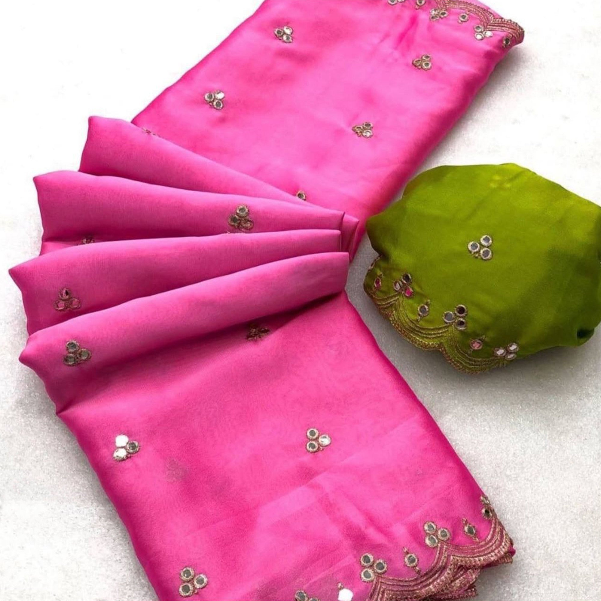 Pink Mirror Embroidery Work Georgette Saree